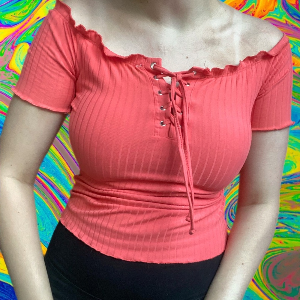 Off the shoulder ruffled pink top